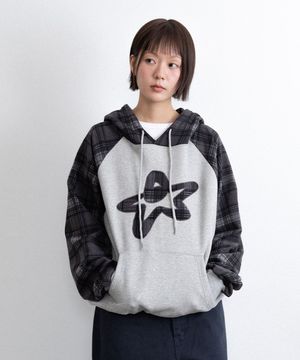 STAR LOGO CHECK RAGLAN HOODIE_GREY(IK2FFMM408A)