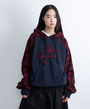 STAR LOGO CHECK RAGLAN HOODIE_NAVY(IK2FFMM408A)