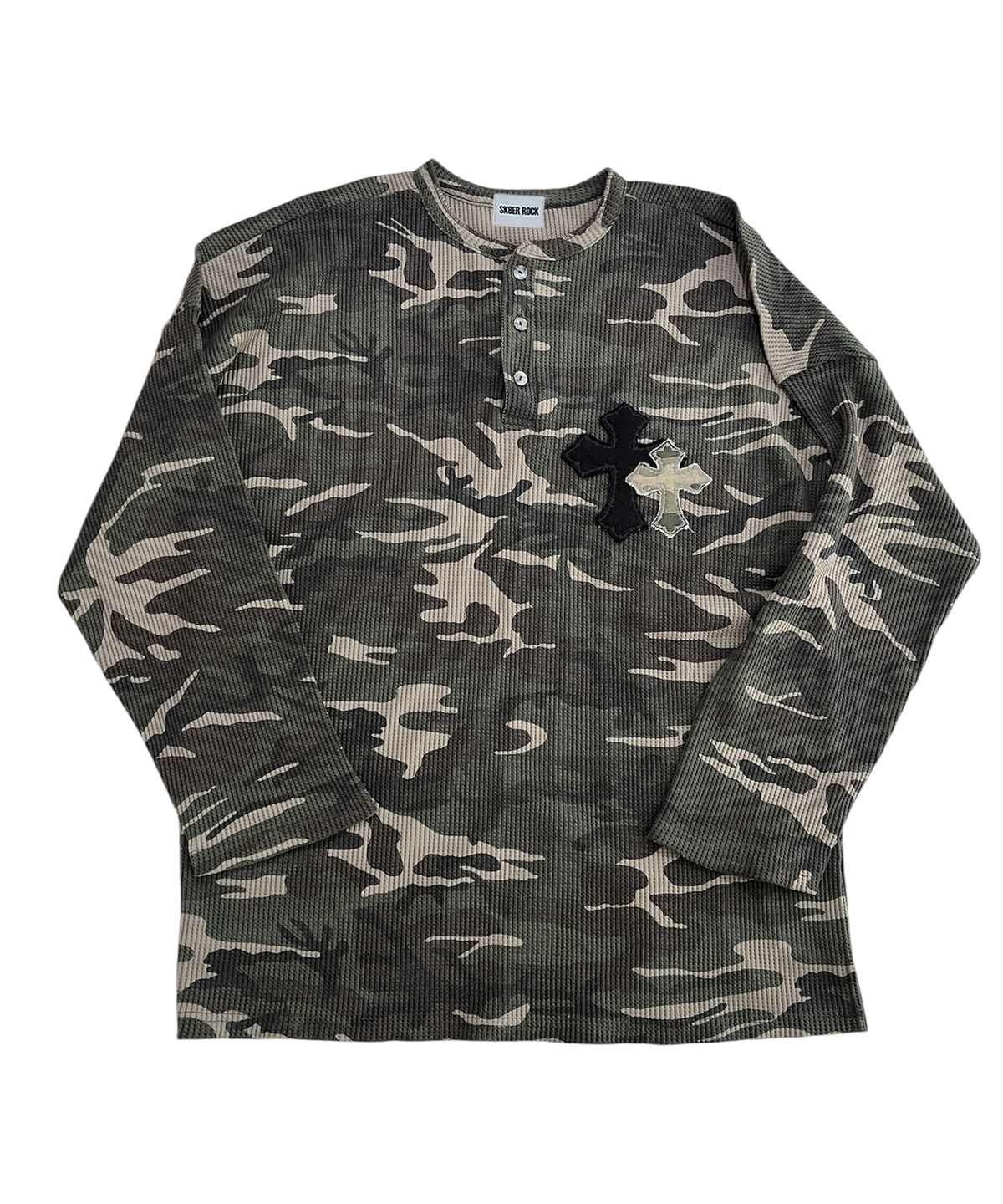 스케이터락(SK8ER ROCK) Double Cross Camouflage Henley Neck T-shirt ((khaki))