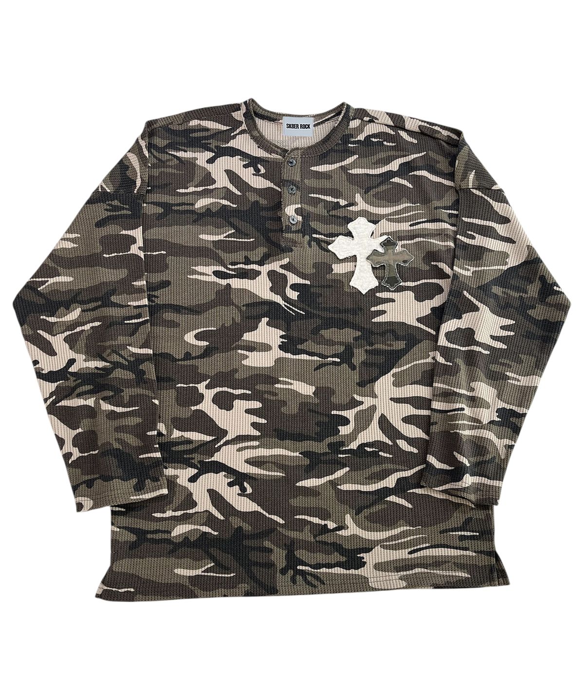 스케이터락(SK8ER ROCK) Double Cross Camouflage Henley Neck T-shirt ((Beige))