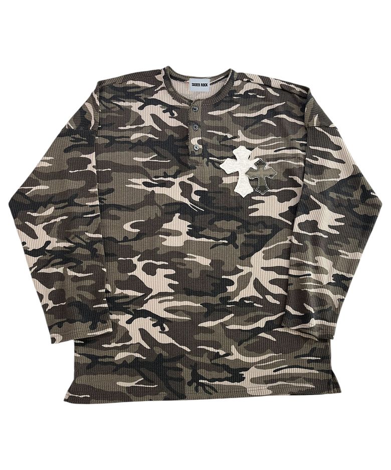 Double Cross Camouflage Henley Neck T-shirt ((Beige))