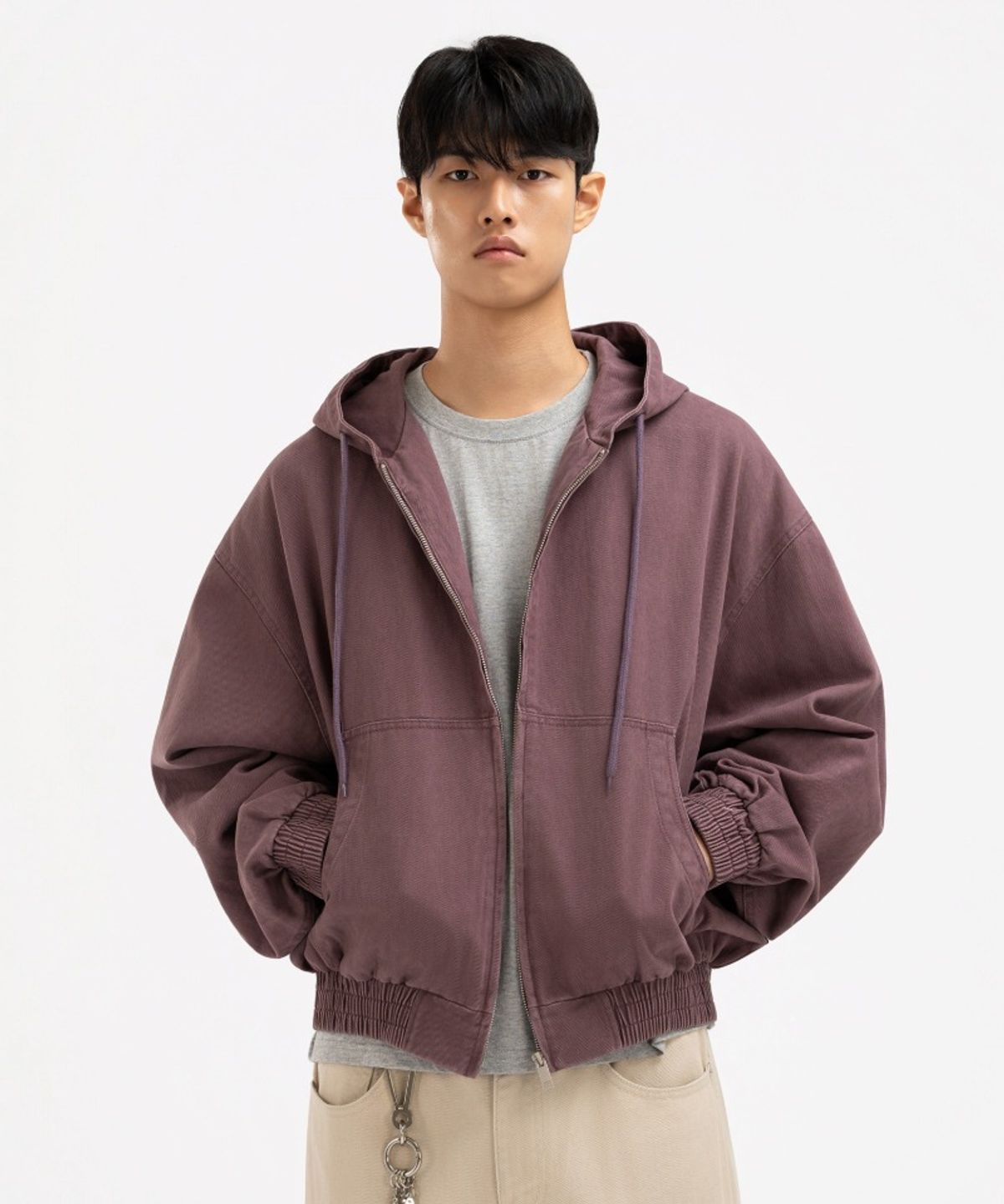 언더오프(UNDEROFF) 크롭 후드 집업 워크 자켓 페일퍼플
