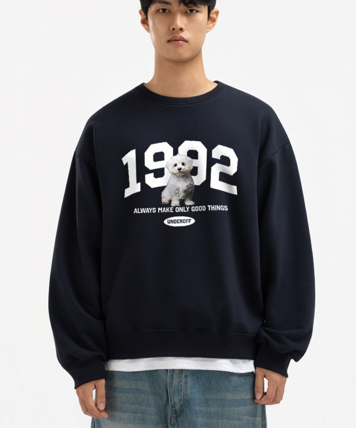 언더오프(UNDEROFF) 어센틱 릴렉스드 1992퍼피 맨투맨 스웨트 네이비