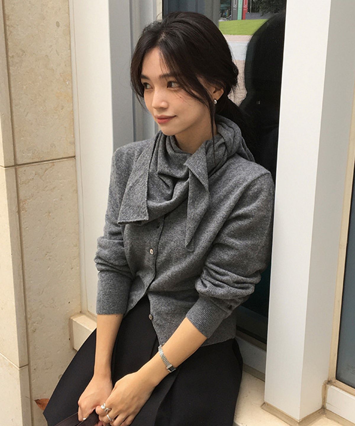 링서울(LINGSEOUL) cashmere round knit cardigan-melange