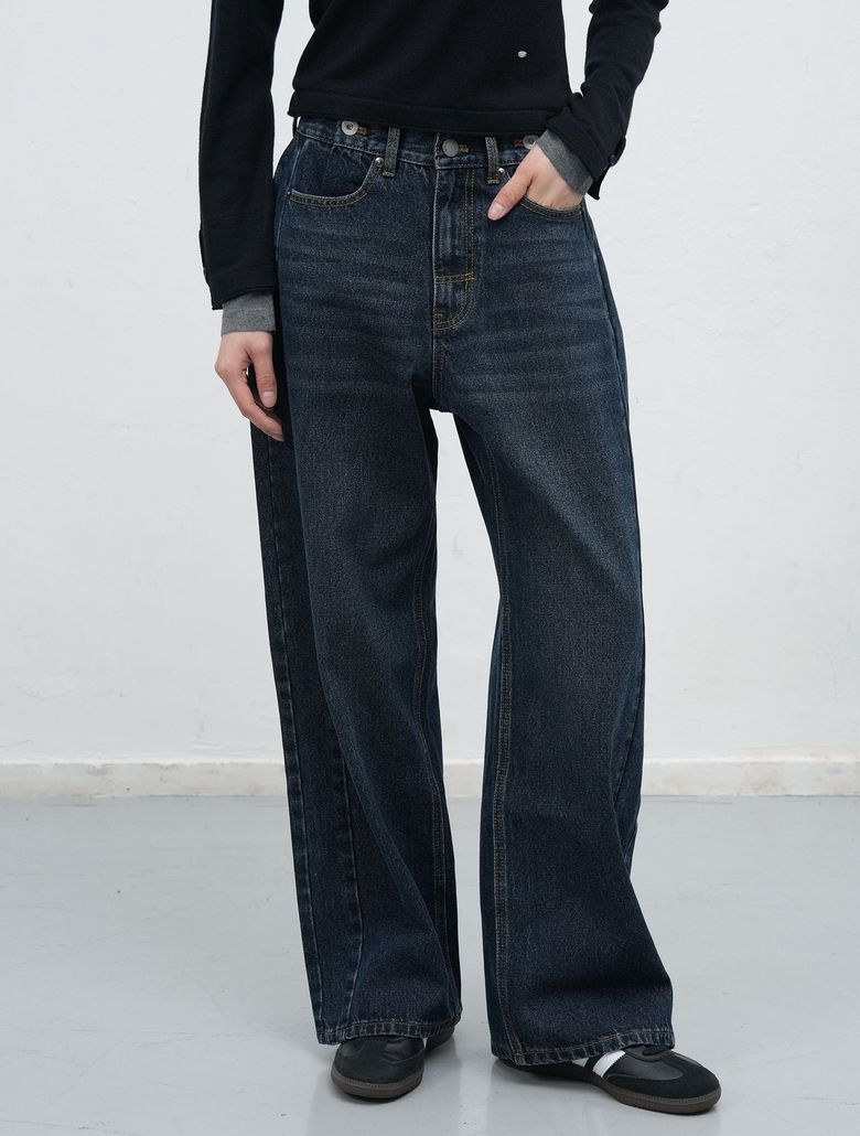 스냅 디테일 와이드 데님 팬츠 [NAVY] / WBE3L11508