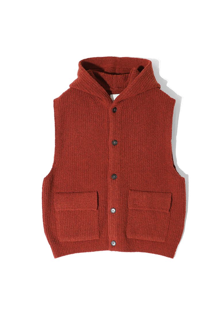 Acorn Boucle Hood Knit Cardigan Vest Melange Brick