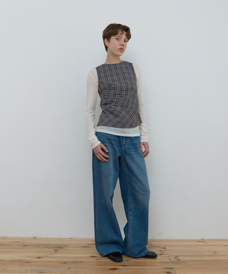 DRAPE CHECK SLEEVELESS_KHAKI GREY