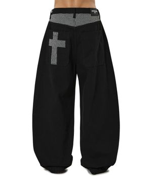 CHECK MIX WIDE VOLUME PANTS - BLACK
