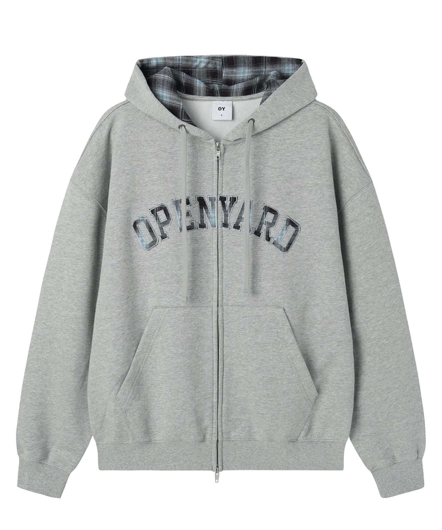MUSINSA公式 | OY FLANNEL CHECK LOGO HOODIE ZIP UP - MID GREY