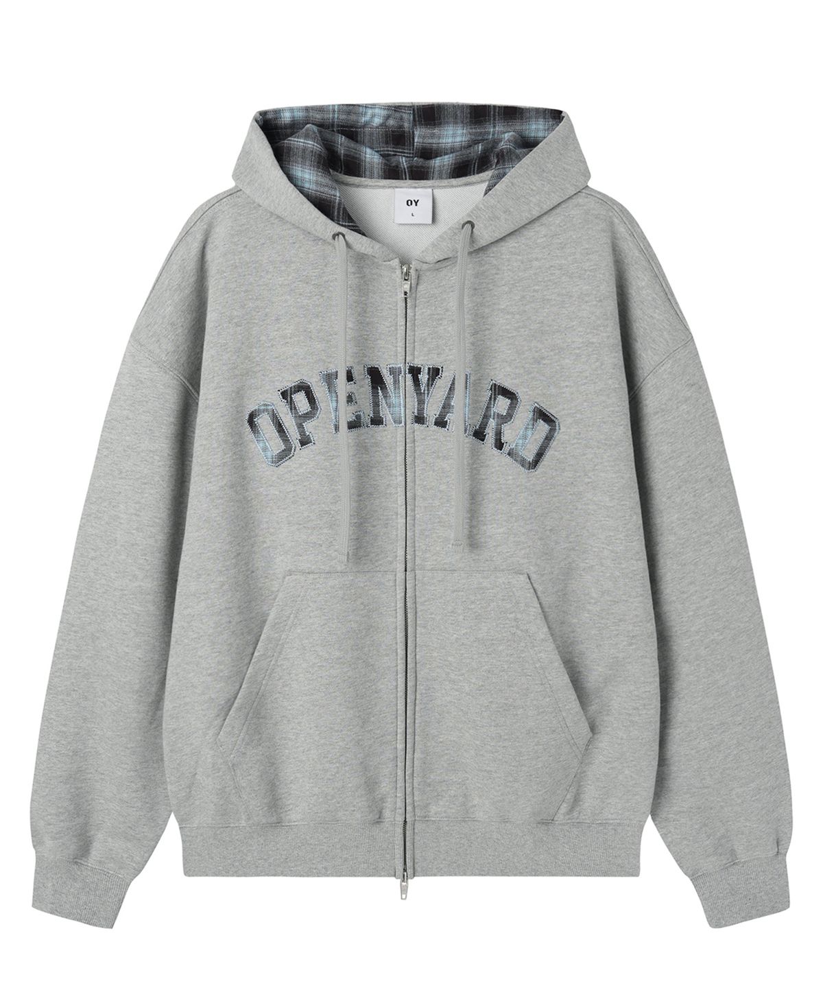 오픈야드(오와이)(OPENYARD(OY)) FLANNEL CHECK LOGO HOODIE ZIP UP - MID GREY