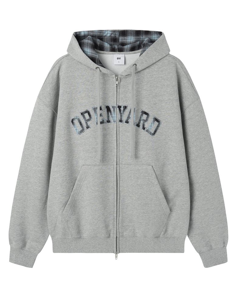 FLANNEL CHECK LOGO HOODIE ZIP UP - MID GREY