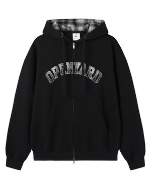 FLANNEL CHECK LOGO HOODIE ZIP UP - BLACK
