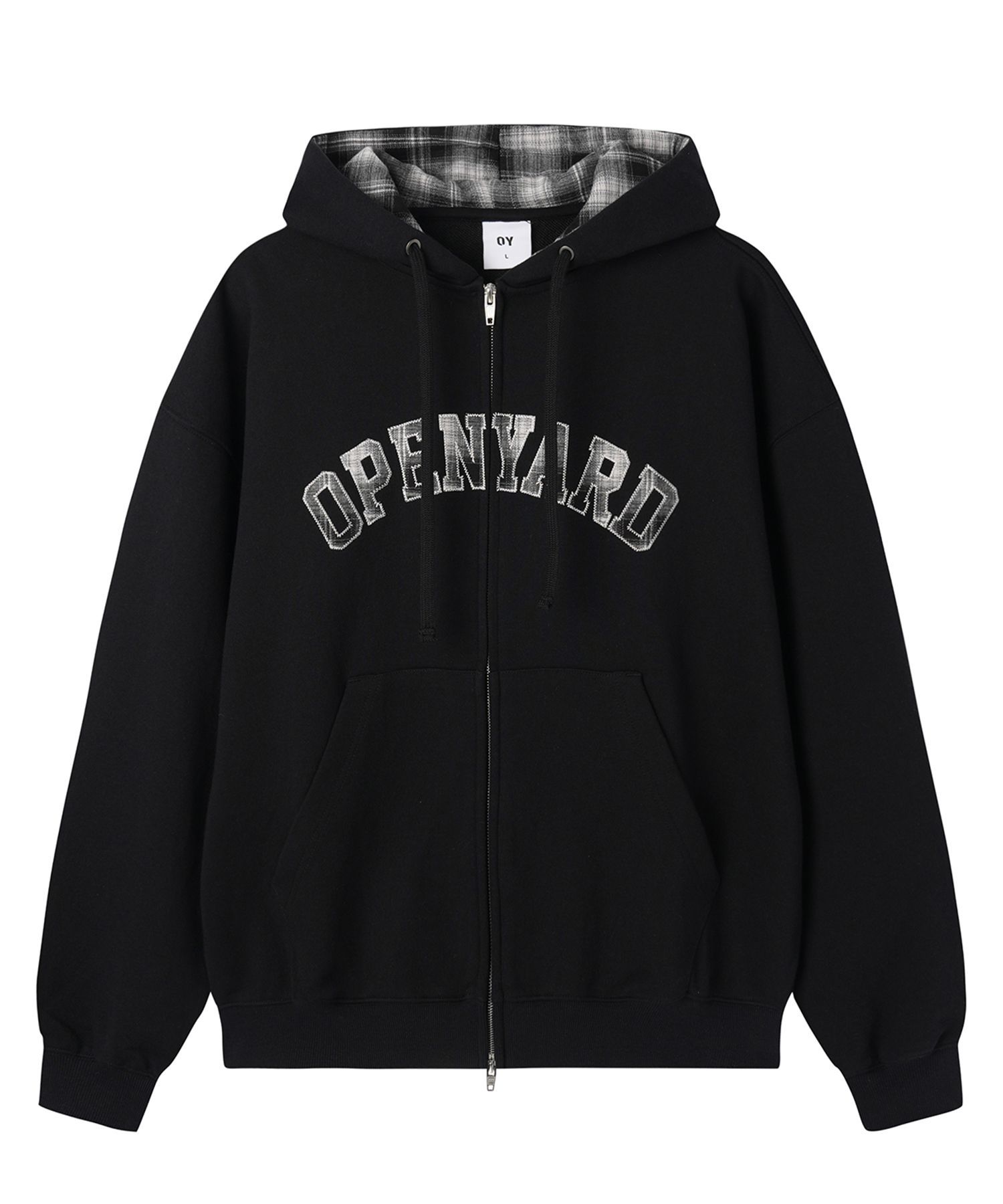MUSINSA公式 | OY FLANNEL CHECK LOGO HOODIE ZIP UP - BLACK