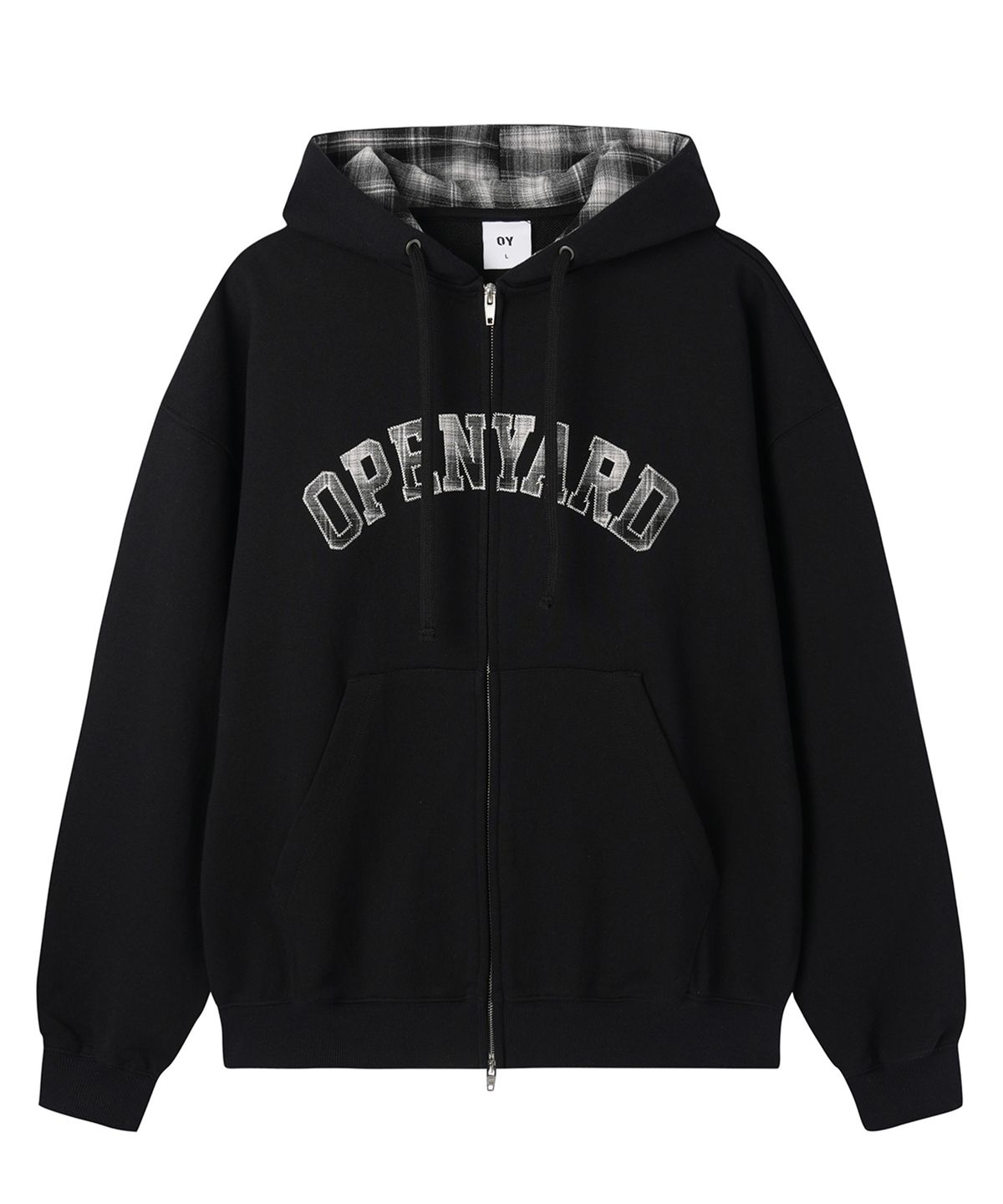 오픈야드(오와이)(OPENYARD(OY)) FLANNEL CHECK LOGO HOODIE ZIP UP - BLACK