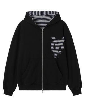 REVERSIBLE STRIPE HOODIE ZIP UP - BLACK