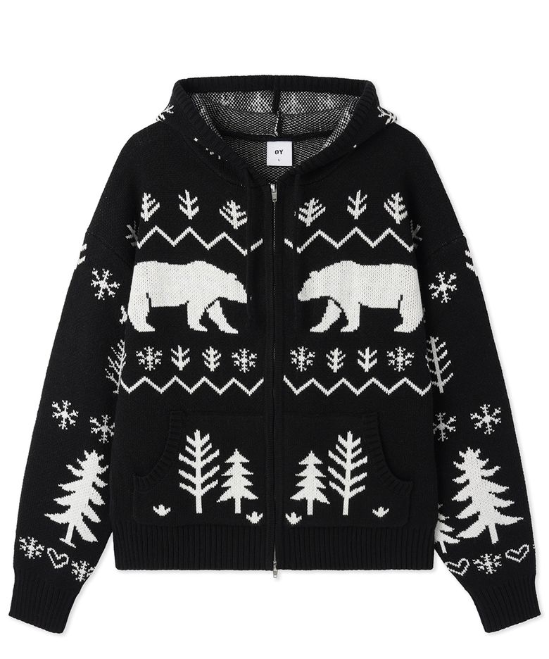 POLAR BEAR KNIT HOODIE ZIP UP - BLACK