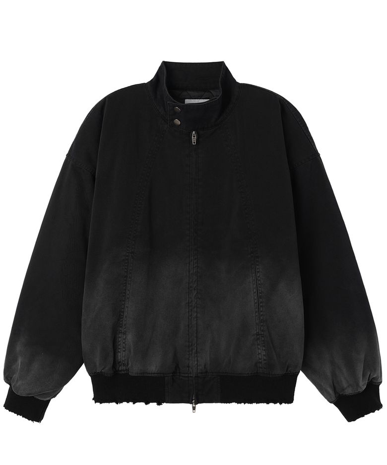 CURVED PANEL WASHED DAMAGE BOMBER JACKET - BLACK