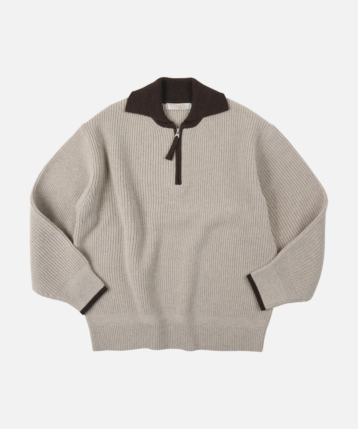 프리즘웍스(FRIZMWORKS) CONTRAST COLLAR HALF ZIP KNIT _ COCOA