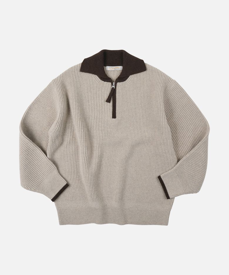 CONTRAST COLLAR HALF ZIP KNIT _ COCOA
