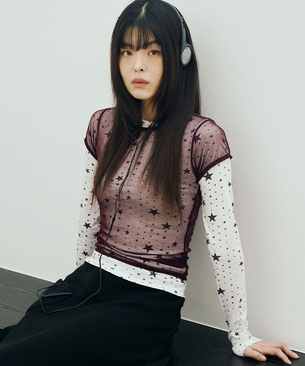 미헤브(MIHEV) 스타 레이어드 롱슬리브 세트 화이트 버건디