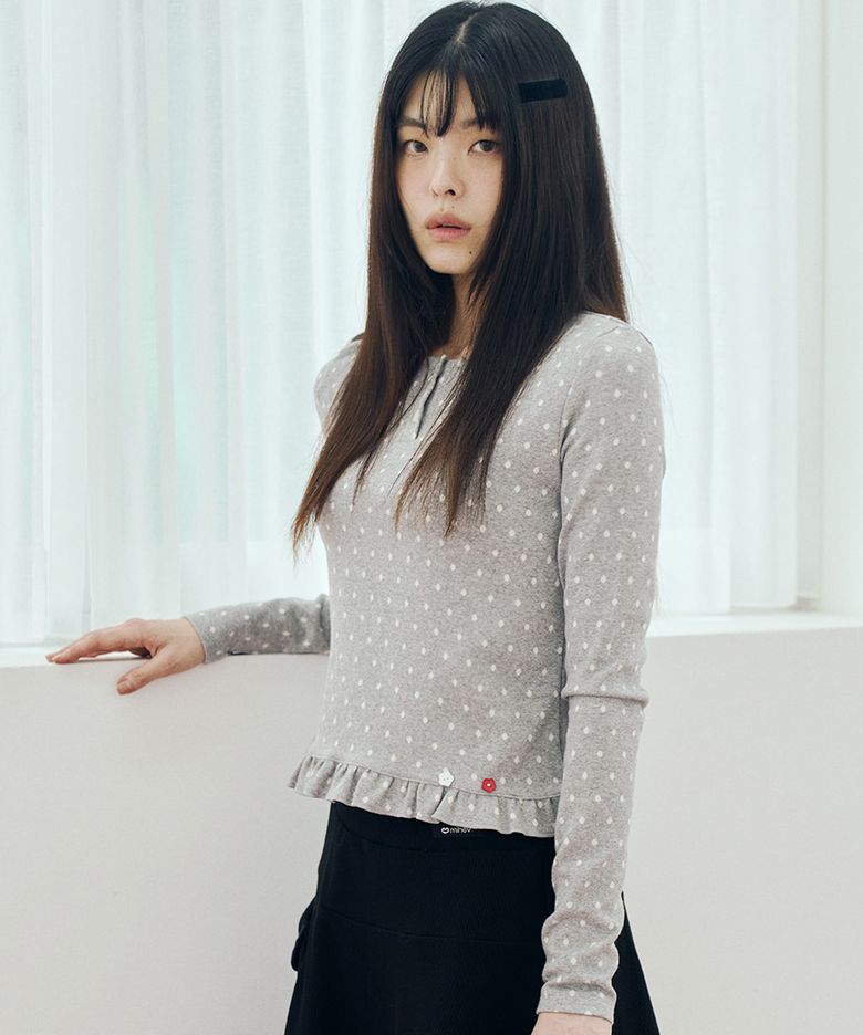 폴카 도트 프릴 롱슬리브 그레이