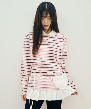 스트라이프 럭비 카라 롱슬리브 아이보리 핑크