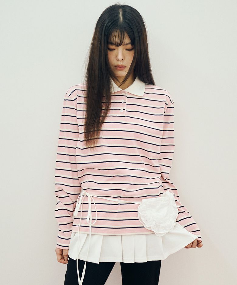 스트라이프 럭비 카라 롱슬리브 아이보리 핑크