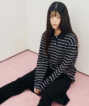 스트라이프 럭비 카라 롱슬리브 블랙 핑크