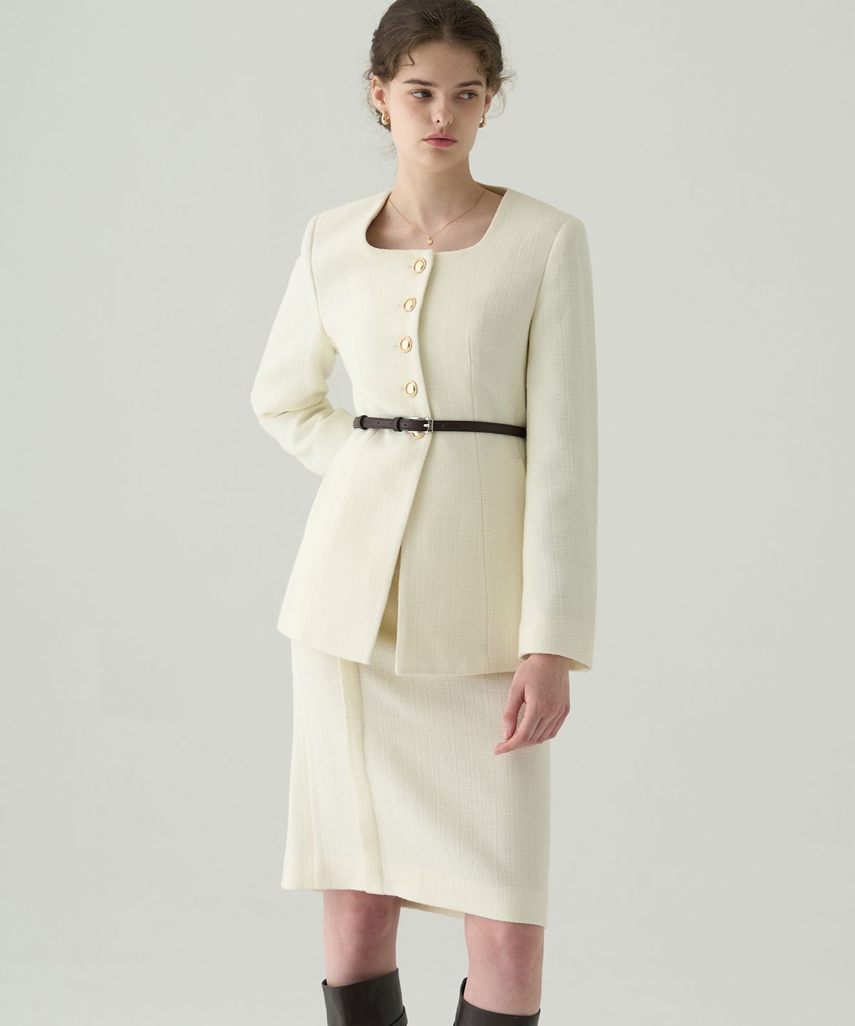 드로우핏 우먼(DRAWFIT WOMEN) 코튼 트위드 아워글래스 자켓 [IVORY]