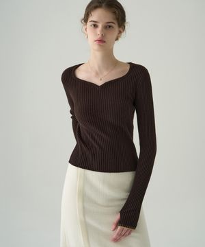 하트 넥 골지 슬림 니트 탑 [BROWN]