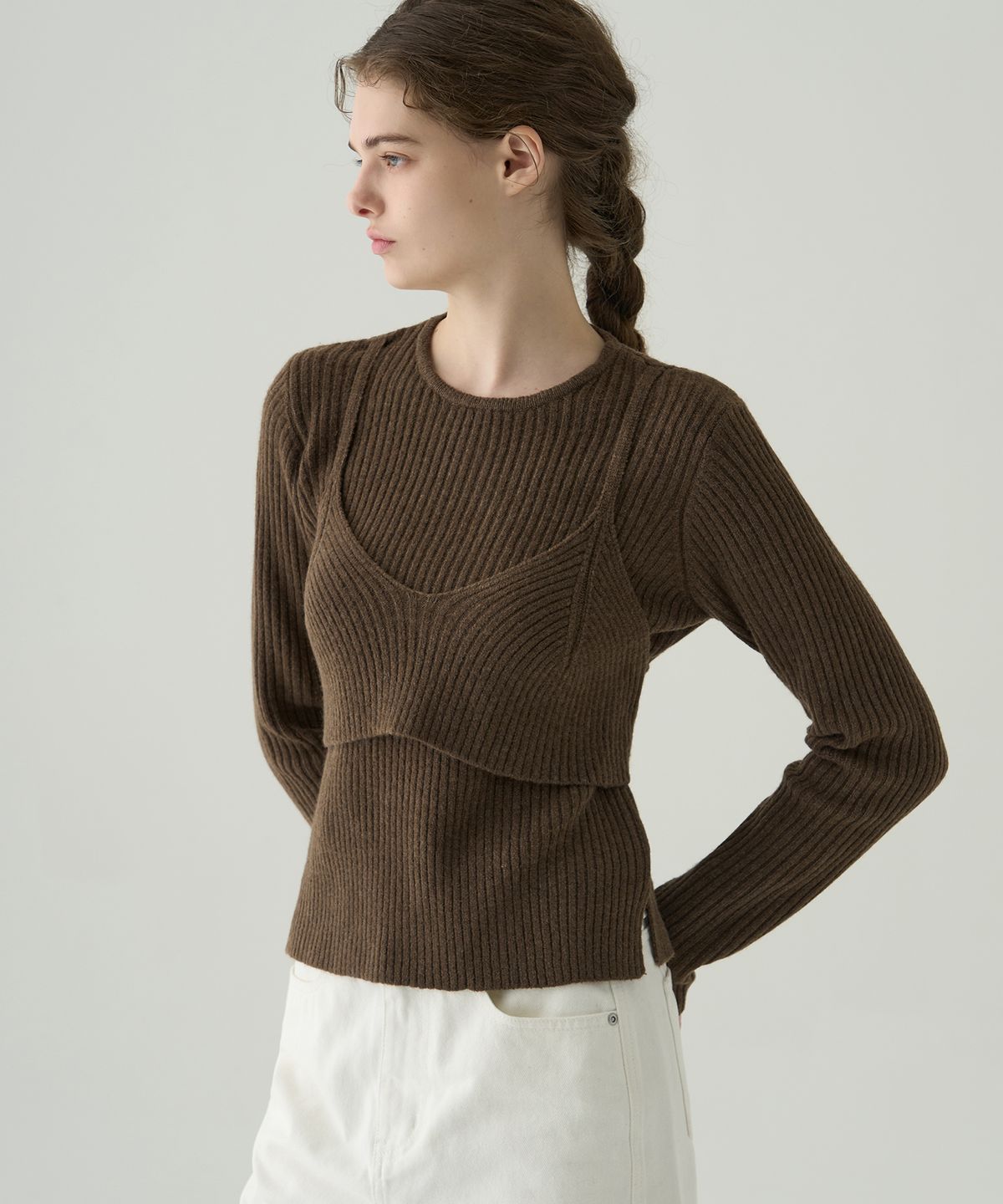 드로우핏 우먼(DRAWFIT WOMEN) 노티드 레이어드 뷔스티에 니트 [BROWN]