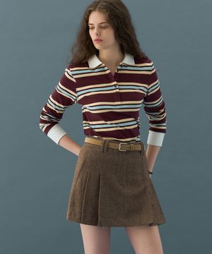 멀티 스트라이프 슬림 카라 피케 티셔츠 [BURGUNDY]