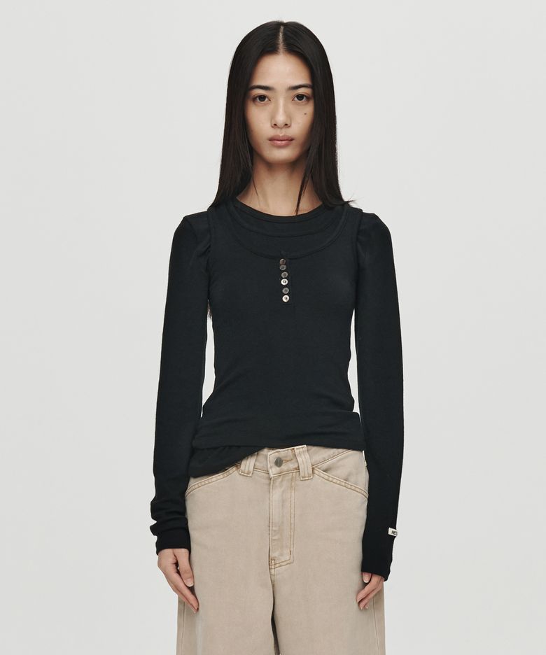 LAYERED LONG HENLEY NECK TOP (BLACK)