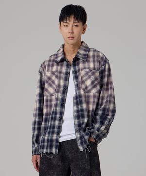 워싱 데미지 체크 셔츠 네이비