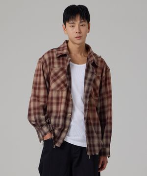 워싱 데미지 체크 셔츠 브라운