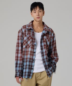 워싱 데미지 체크 셔츠 스카이