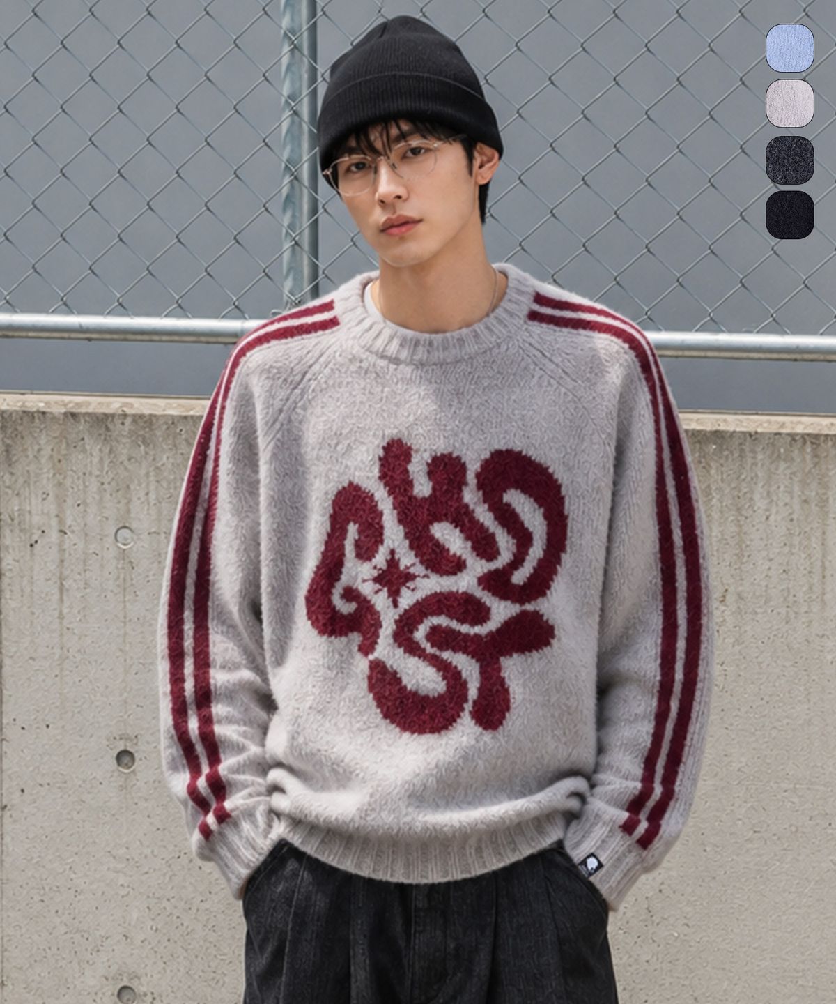 고스트리퍼블릭(GHOST REPUBLIC) 모헤어 그래픽 래글런 트랙 부클 니트 4Color GKM-159