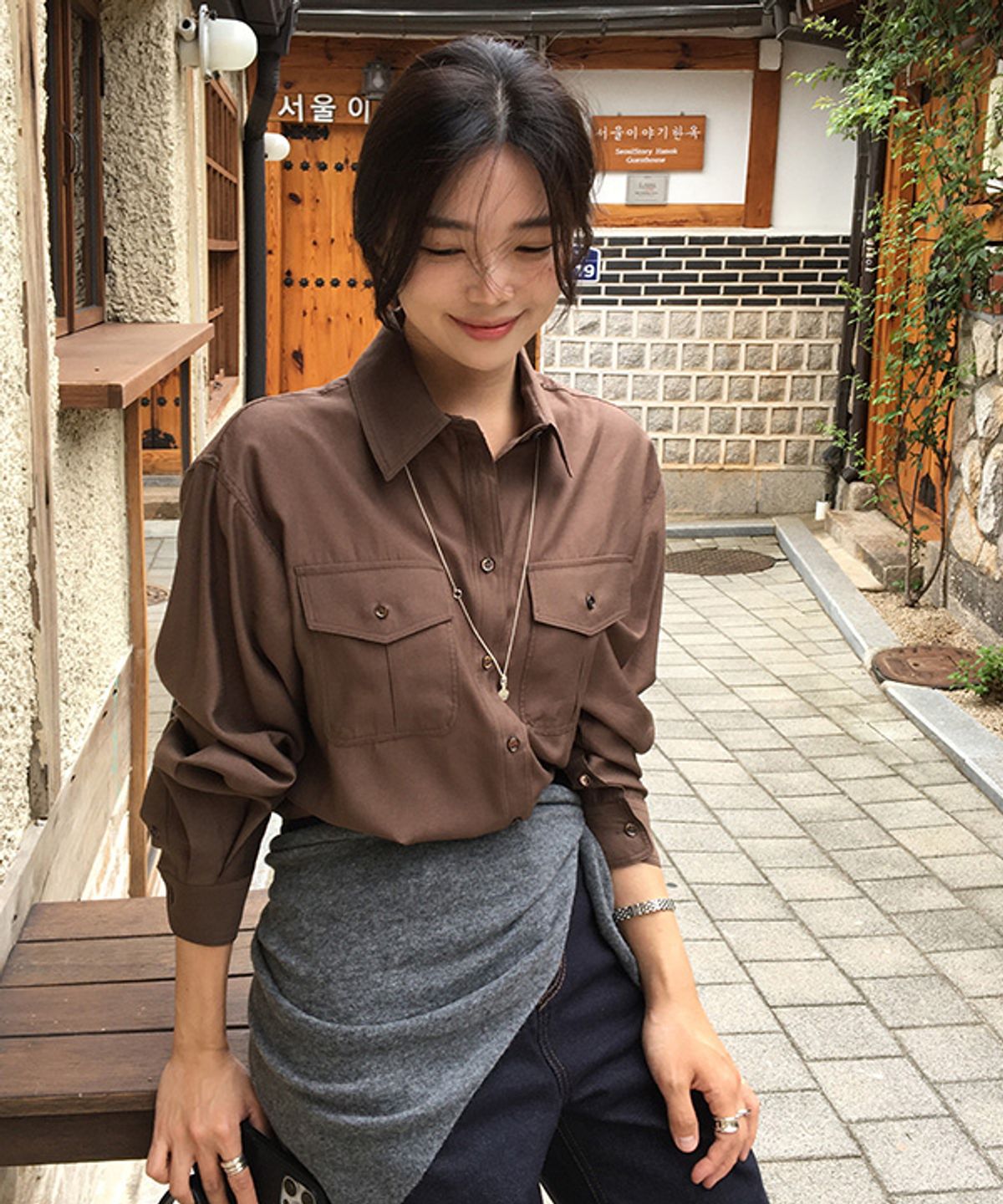 링서울(LINGSEOUL) sheer pocket shirt-brown