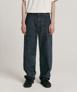스트라이프 논페이드 데님 와이드 팬츠 _네이비