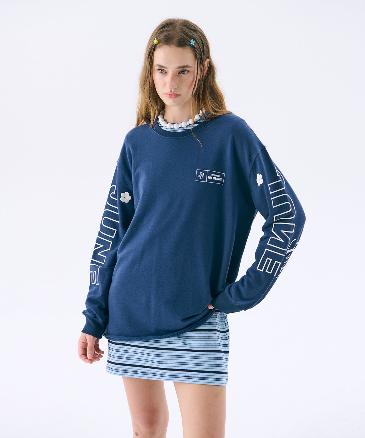 준준스페이스(JUNEJUNE SPACE) Printed Sweat T_Navy(프린트 스웨트 티셔츠_네이비)