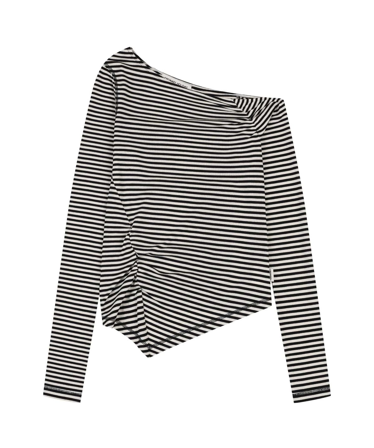오디너리 홀리데이(ORDINARY HOLIDAY) STRIPE ASYMMETRIC SHIRRING T-SHIRT [IVORY]