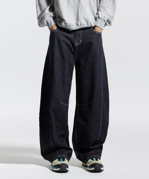 와이드 커브드 스티치 데님 팬츠 블랙