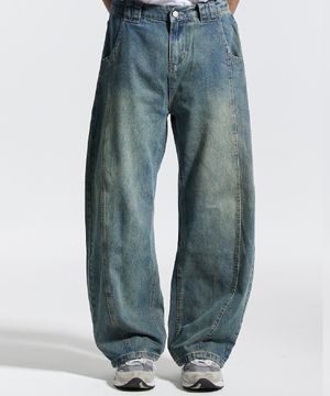 와이드 절개 볼륨 커브드 팬츠 블루