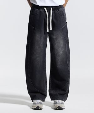 밴딩 와이드 파이핑 사선 카고 팬츠 블랙