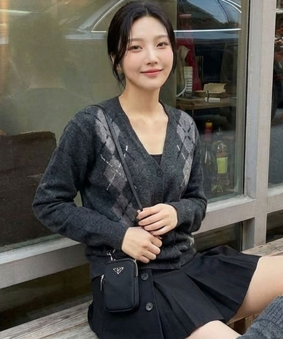 칙스(CHICKS) 아가일 스티치 가디건 차콜