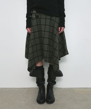 CHECK UNBALANCED MIDI SKIRT_KHAKI