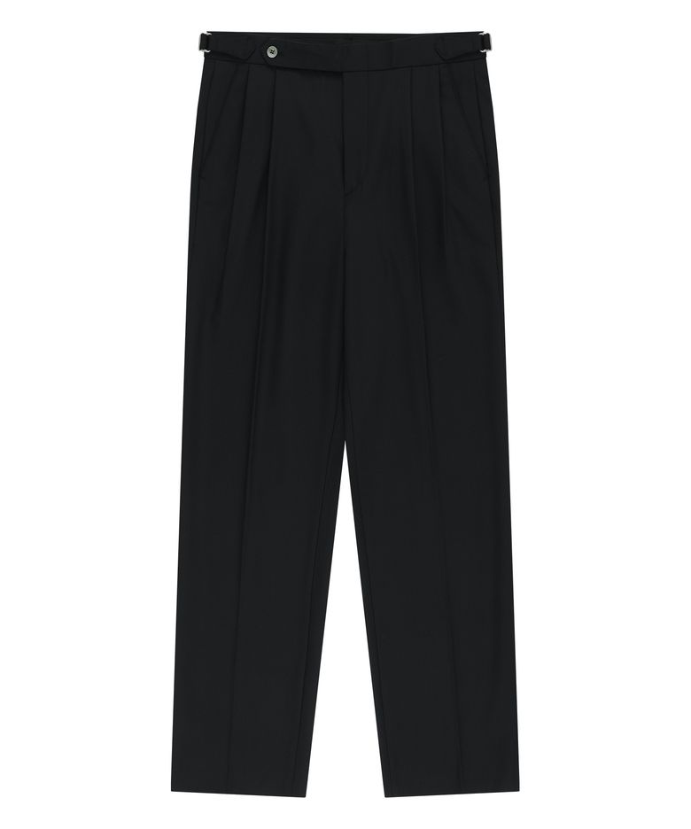 Wool Gabardine adjust Double-Pleated relaxed Trouser (Black)