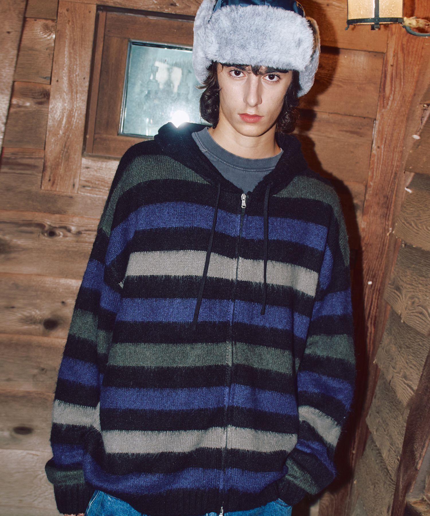 MUSINSA | XTONZ XTK155 Wit Stripe Hairy Knit Hooded Zip-Up (BLACK)