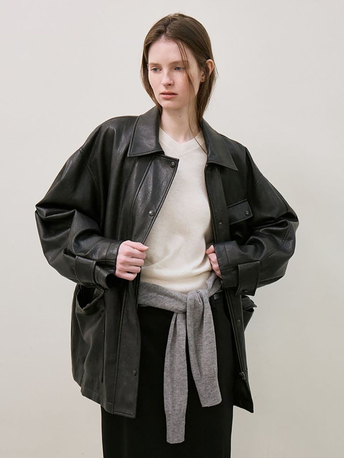 르(LE) faux leather field jacket (black)