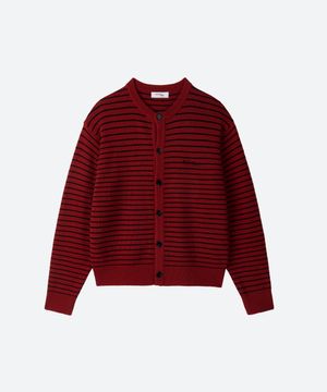 M.C UNISEX, Stripe Wool Knit Cardigan / Deep red